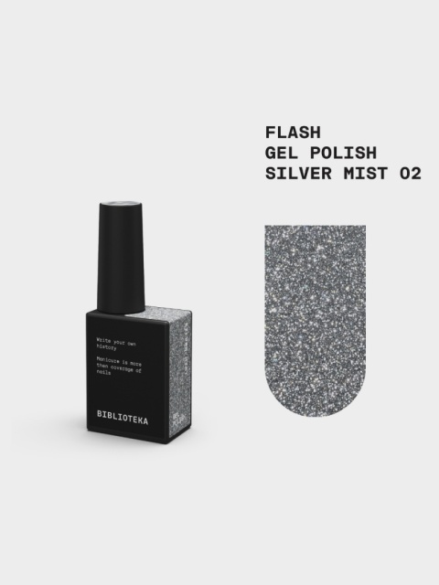 BIBLIOTEKA Flash Gel Polish 02 Silver Mist, 10 ml - srebrny lakier hybrydowy z efektem flash